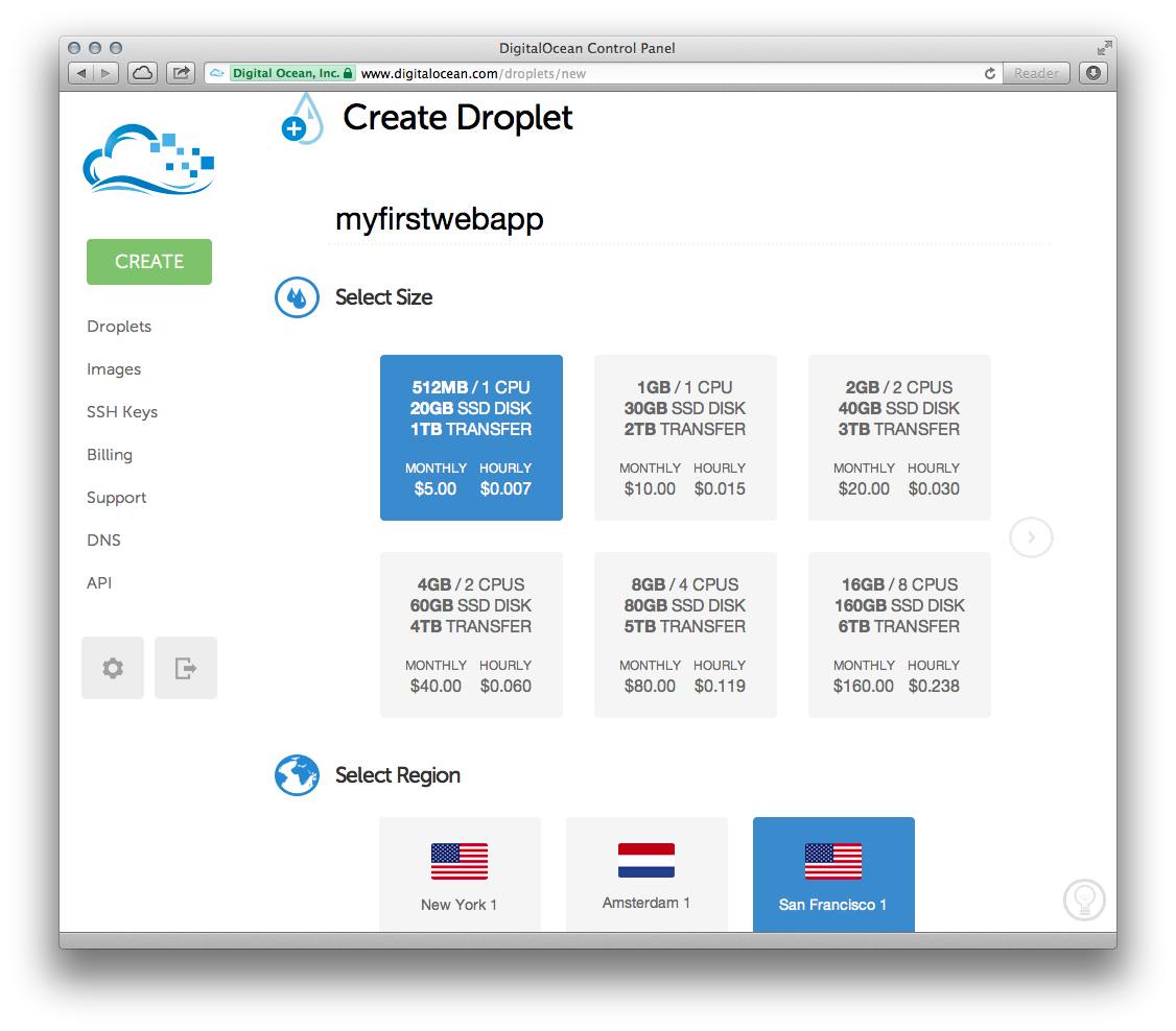 First part of the Create Droplet form